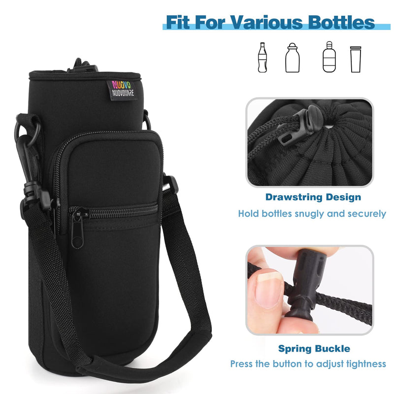 [Australia - AusPower] - Nuovoware Water Bottle Carrier Bag, Bottle Pouch Holder, Adjustable Shoulder Hand Strap 2 Pocket Sling Neoprene Sleeve Sports Water Bottle Accessories for Men/Women Hiking Travelling Camping, Black 