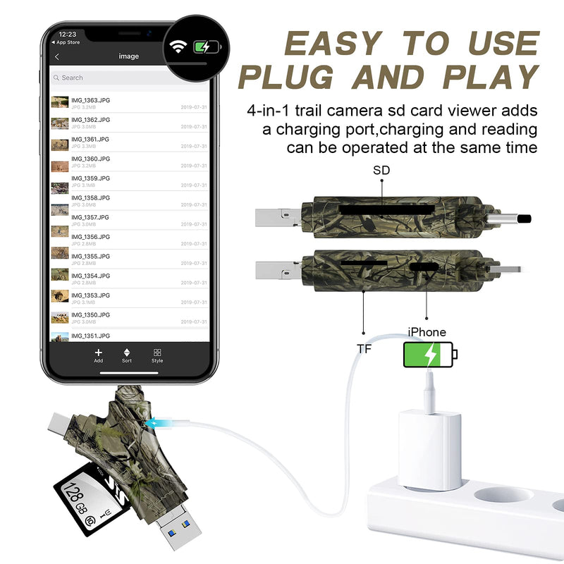 [Australia - AusPower] - Trail Camera Viewer SD Card Reader,4 in 1 SD and Micro SD Memory Card Reader Compatible with iPhone/ipad ,Trail Camera SD Card Viewer to View Hunting Game Camera Photos or Videos on Smartphone Camo 