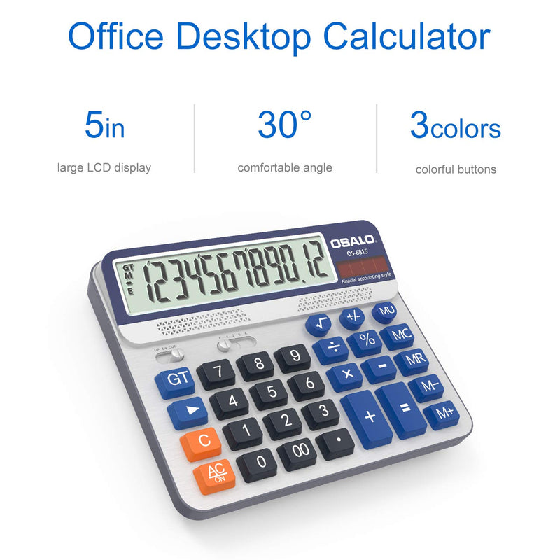 [Australia - AusPower] - Desktop Calculator Extra Large 5-Inch LCD Display 12-Digit Big Number Accounting Calculator with Giant Response Button, Battery & Solar Powered, Perfect for Office Business Home Daily Use(OS-6815) OS-6815 