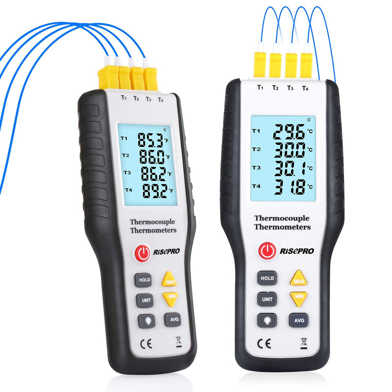 [Australia - AusPower] - Thermocouple Thermometer, RISEPRO 4 Channel K Type Digital Thermometer Thermocouple -200~1372°C/2501°F Sensor HT-9815 