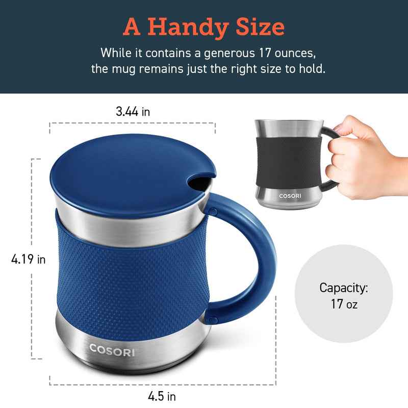 [Australia - AusPower] - COSORI Coffee Mug with Lids Set of 2, Stainless Steel Cups with Heat-resistant Handle & Slip-resistant Sleeve, 17 oz, Best Match w/Mug Warmer, for Coffee,Tea,Water,Cocoa, Milk, C1601-CM, Black & Blue 