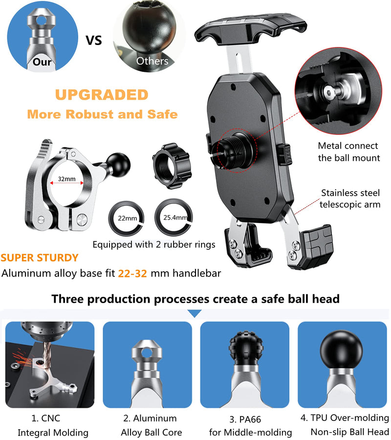 [Australia - AusPower] - KEWIG Motorcycle Phone Mount, Quick Install Bike Phone Holder, Bike Accessories for Motorcycle, Bicycle Handlebar Cradle Clip with Sturdy Aluminum Alloy Mounting Base, Fit for 4" - 7" Cellphones Silver 