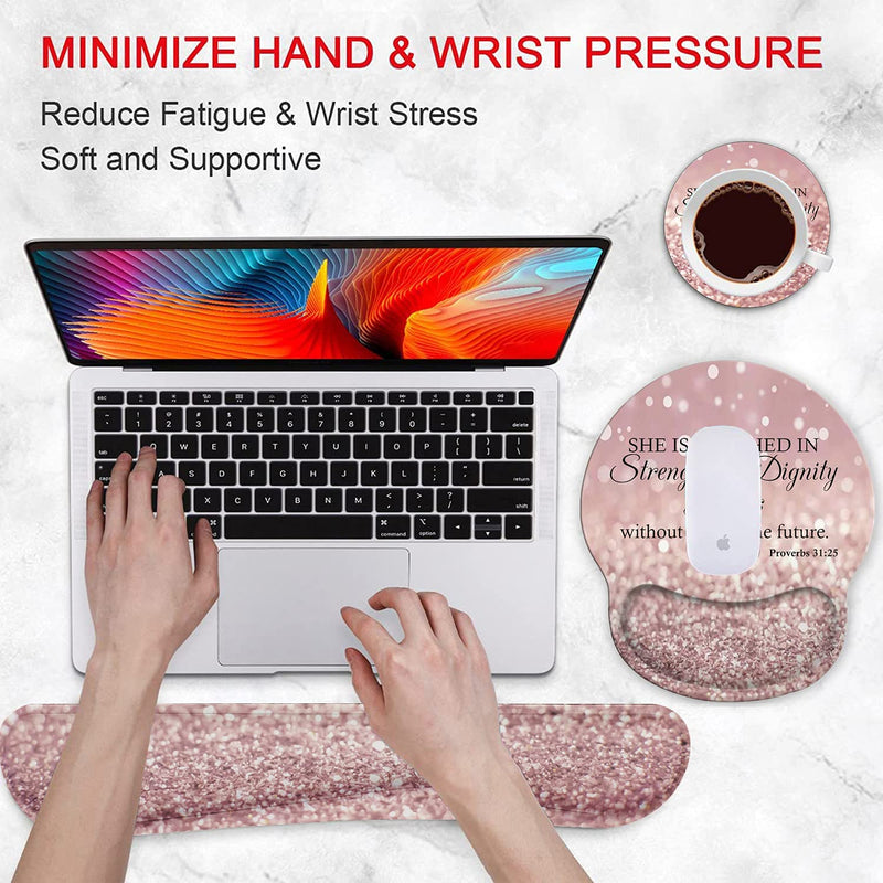 [Australia - AusPower] - Ergonomic Mouse Pad Wrist Support Gel and Keyboard Wrist Rest Set for Laptop, Mac, Gaming and Office, Durable, Comfortable and Pain Relief + Coaster, Proverbs 31:25,Bible Verse Pink Glitter 