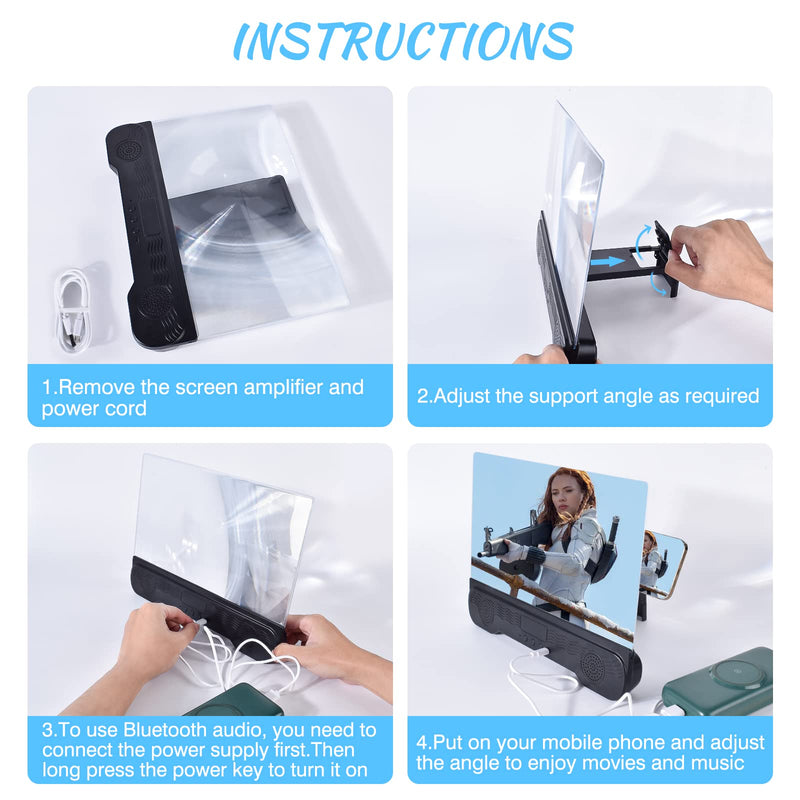 [Australia - AusPower] - 14 inch Phone Screen Magnifier with Bluetooth Speaker,Mobile Phone Screen Amplifier with 2-in-1 Foldable Stretch Stand Holder Portable 3D Screen Magnifying Glass for All Smartphones(Black) 