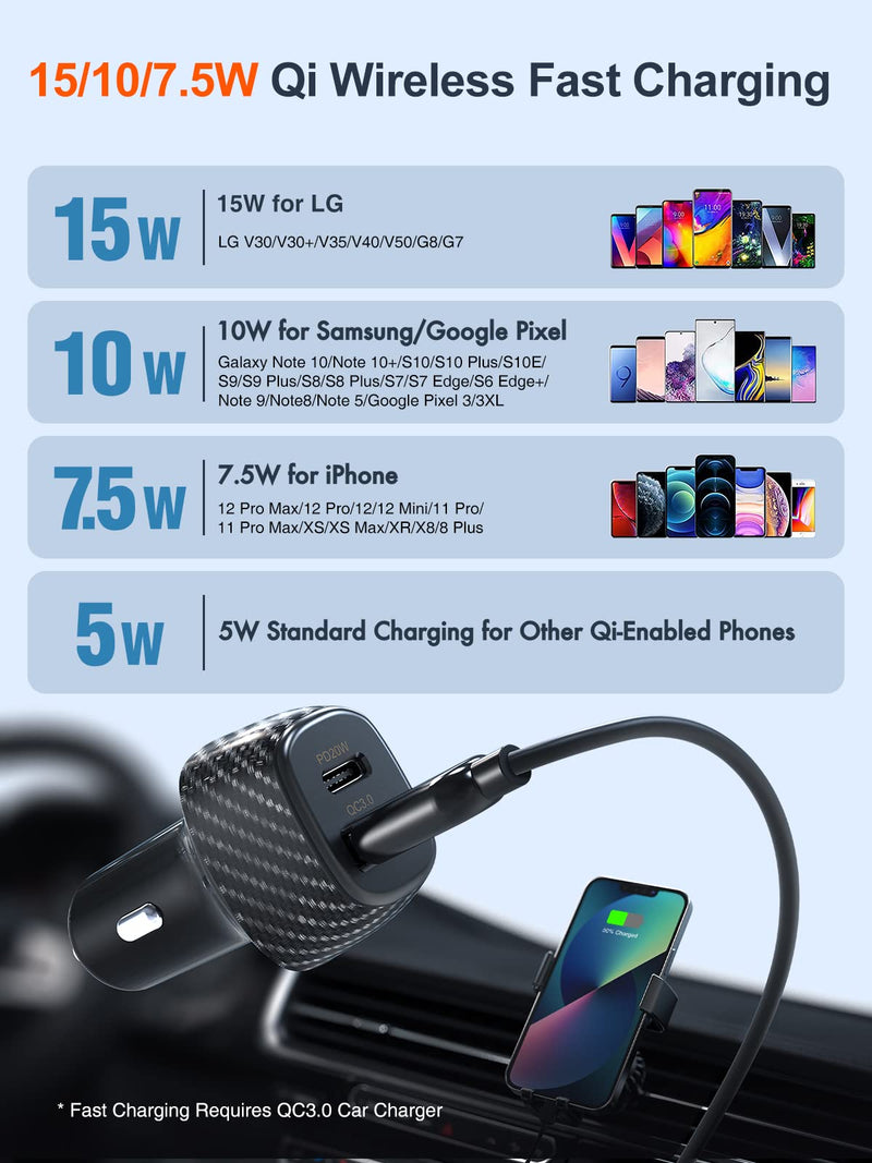 [Australia - AusPower] - Wireless Car Charger, Fast Charging Auto Clamping Car Phone Holder Mount, 15W Qi Wireless Car Charger Air Vent Phone Holder for All Qi-Enabled Phones, iPhone/Samsung/Pixel/LG, with 38W Car Charger 