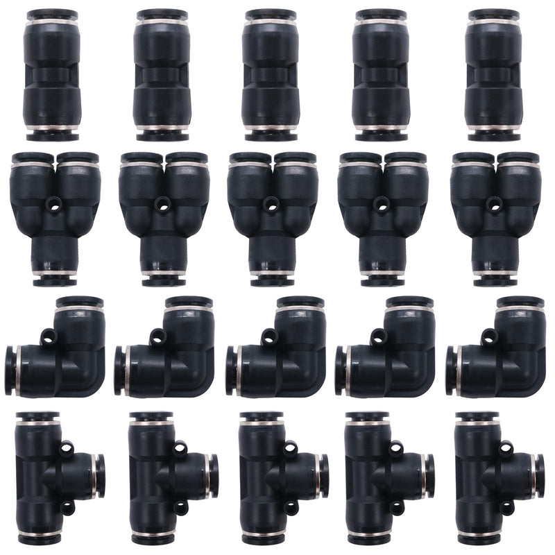 [Australia - AusPower] - mxuteuk 20pcs 4mm or 5/32" od Push to Connect Fittings Kit, Quick Release Pneumatic Connector Air Line Fittings Push Lock Air Fittings Assortment, 5 y Spliters+5 Elbows+5 tee+5 Straight 5/32"OD PE+PU+PV+PY-Combination 