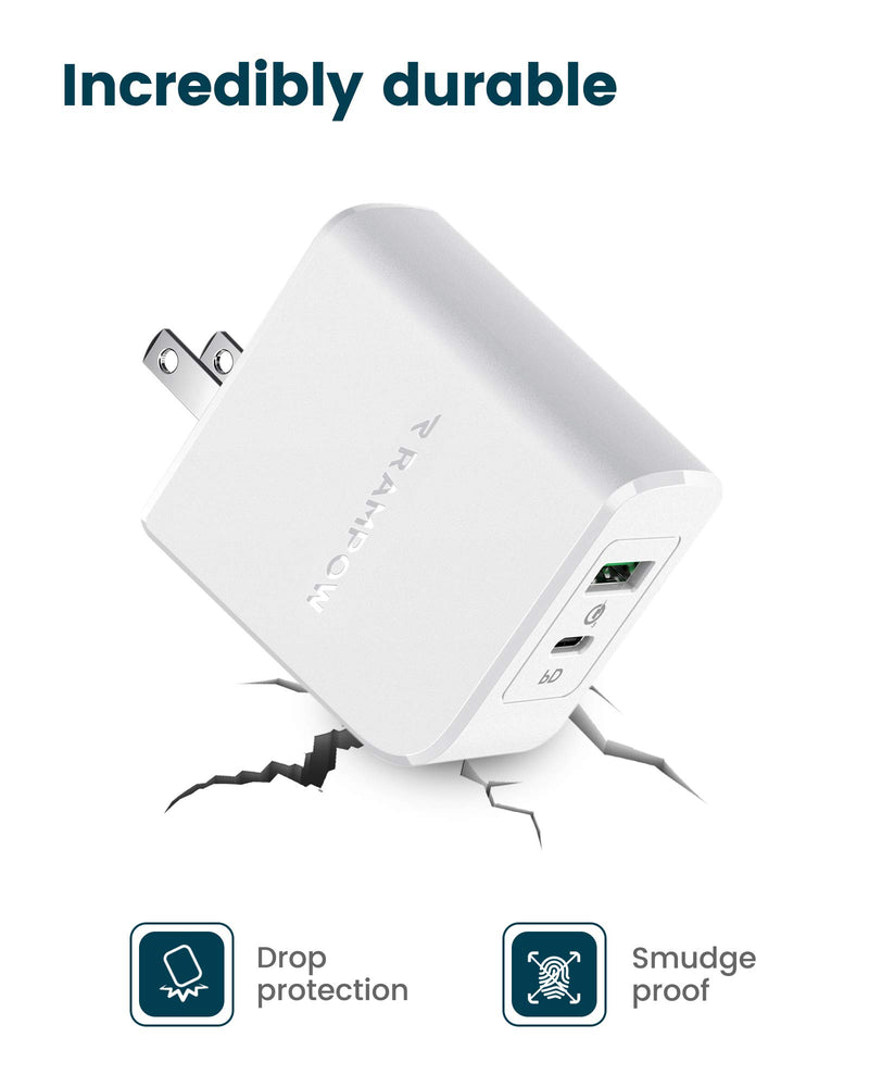 [Australia - AusPower] - USB C Charger, RAMPOW 36W 2 Port Fast PD Charger with 30W Power Delivery 3.0, Type C Wall Charger with Foldable Plug for iPad Pro, iPhone 11 Pro Max/12 Pro Max/Xs Max/8, AirPods Pro and More, White 