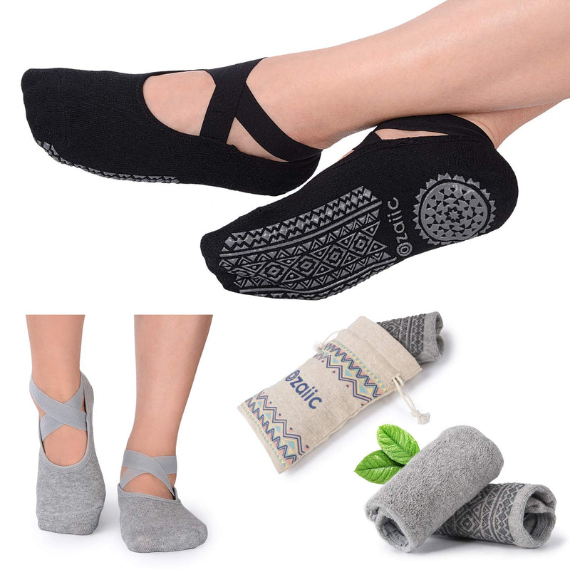 [Australia - AusPower] - Ozaiic Yoga Socks for Women Non-Slip Grips & Straps, Ideal for Pilates, Pure Barre, Ballet, Dance, Barefoot Workout 2p- Black/Gray 
