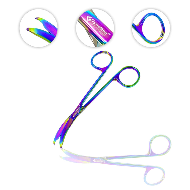 [Australia - AusPower] - Cynamed Suture Stitch Scissors with Multicolor/Rainbow Titanium Coating - Premium Quality Instrument- Delicate Hook - Perfect for Suture Removal, First Aid, EMS Training and More (4.5 in. - Curved) Curved Hook 