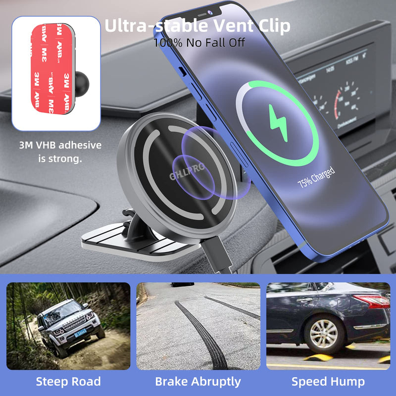 [Australia - AusPower] - Magnetic Wireless Car Charger Compatible with MagSafe Mount Secure Stick On Dashboard and Air Vent Clamp Phone Holder 15W Fast Charging, Specially esigned for iPhone 13/12 Series Phones（Grey） Air Vent Car Charger 
