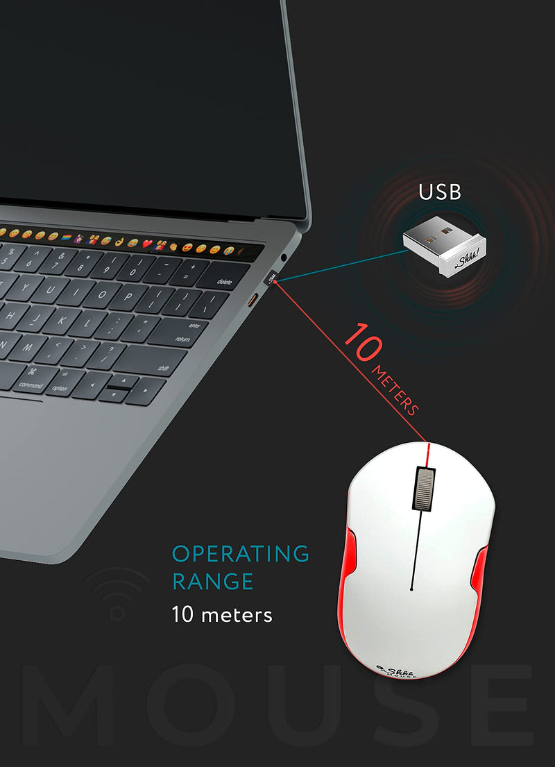 [Australia - AusPower] - ShhhMouse Wireless Silent Noiseless Clickless Mobile Optical Mouse with USB Receiver and Batteries Included, Portable and Compact, for Notebook, PC, Laptop, Chromebook, Computer, MacBook (White/Red) White/Red 