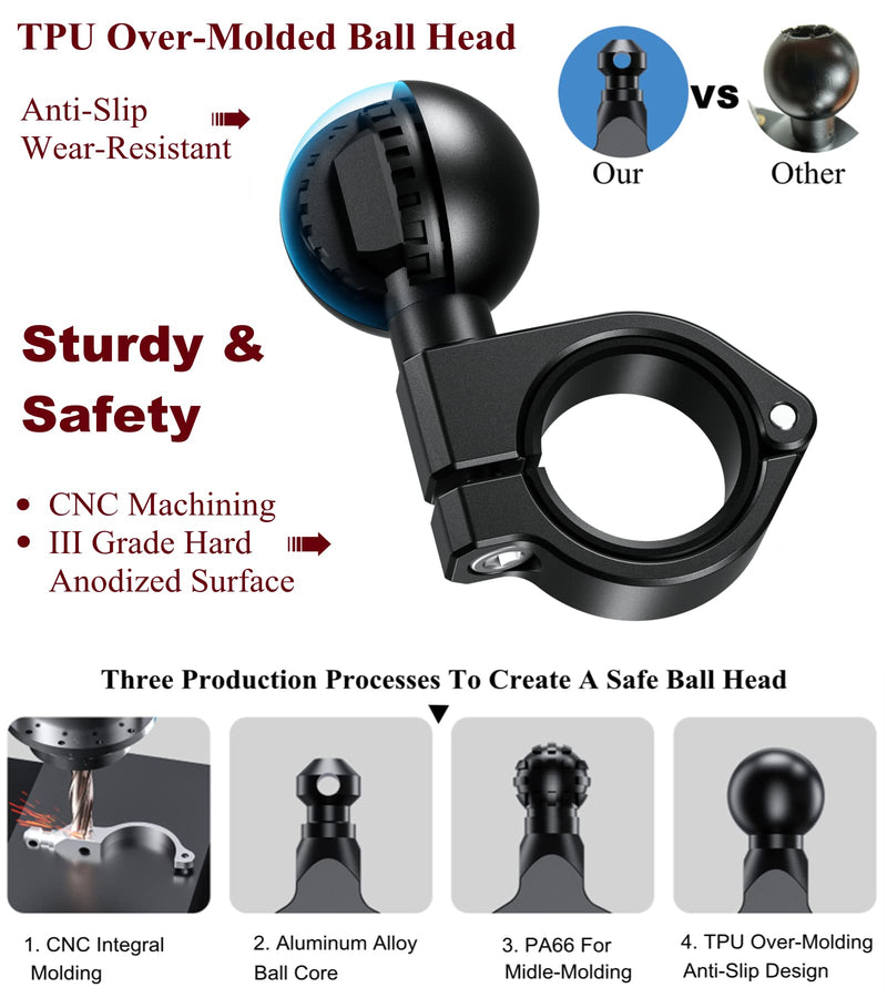 [Australia - AusPower] - BRCOVAN Aluminum Alloy Bar Clamp Mount with 1.5'' TPU Ball Compatible with RAM Mounts C Size Double Socket Arm for Handlebar & Rails Diameter 0.875'' 1'' 1.125'' 1.26'' CNC Machining, Anodized Surface 