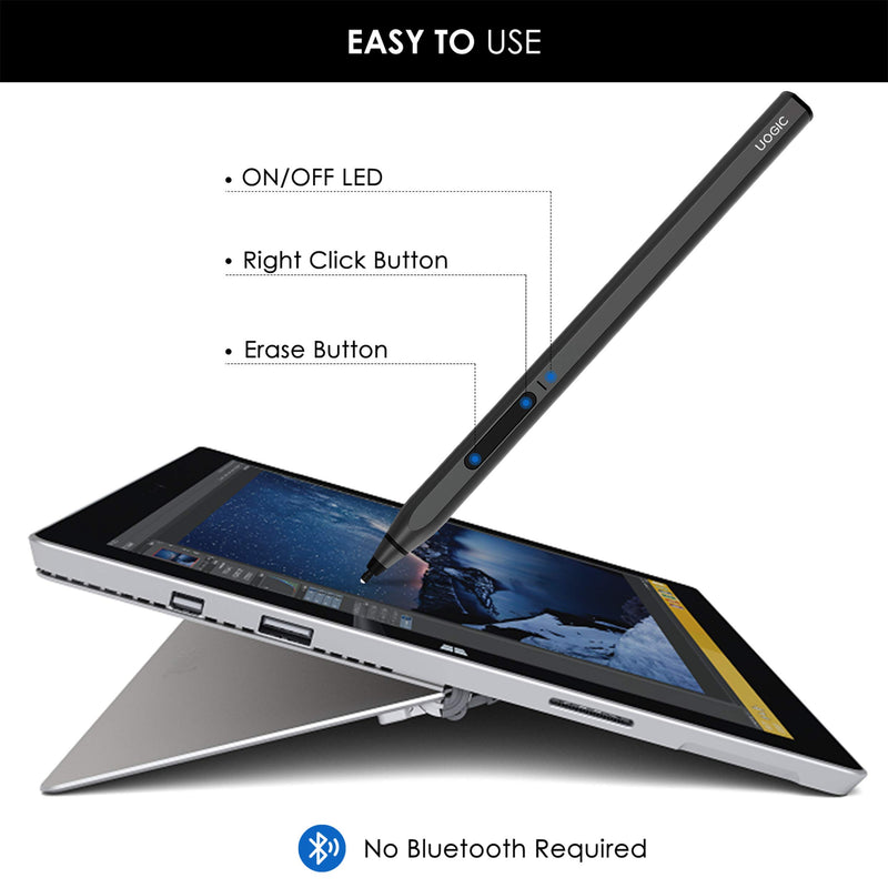 [Australia - AusPower] - Uogic Pen for New Microsoft Surface Pro 8 & Pro 7, Slim & Lightweight, 4096 Pressure Sensitivity, Tilt & Palm Rejection, Quick Charge, Flex & Soft HB Tip, for Surface Pro/Go/Book/Studio/Laptop Black 