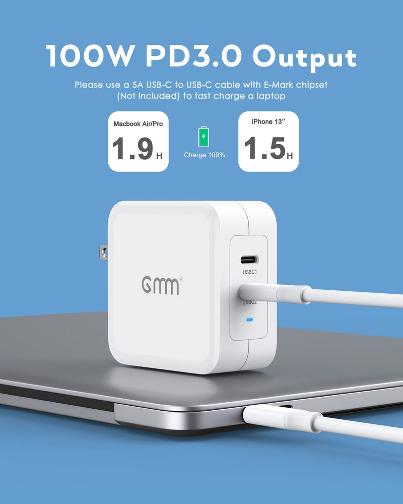 [Australia - AusPower] - USB C Charger 100W, PD 3.0 Adapter GaN Tech Type C Charger, GMM 2-Port Fast Wall Charger with Foldable Plug for USB-C Laptops/MacBook/Dell XPS/iPad Pro/iPhone/Samsung Galaxy and More 