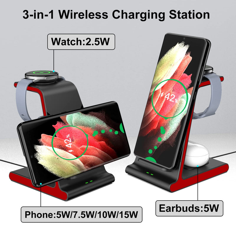 [Australia - AusPower] - Lopnord Wireless Charging Station Compatible with Samsung Galaxy Z Fold 3/Z Flip 3/S22/S21/S21 Ultra/S20/S21 FE 5G, 3 in 1 Wireless Charger for iPhone 13/12/11 Pro Max Samsung Galaxy Watch 4 Red 