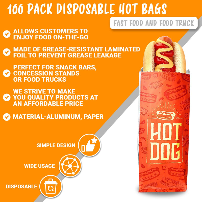 [Australia - AusPower] - C&S Event Supply Co. Foil Hot Dog Bags - 12'' Printed Hot Dog Wrappers - Grease Resistance Food Bags to Keep Food Hot and Non-Messy - 100 Pack Disposable Hot Bags for Fast Food and Food Truck 12" Printed 