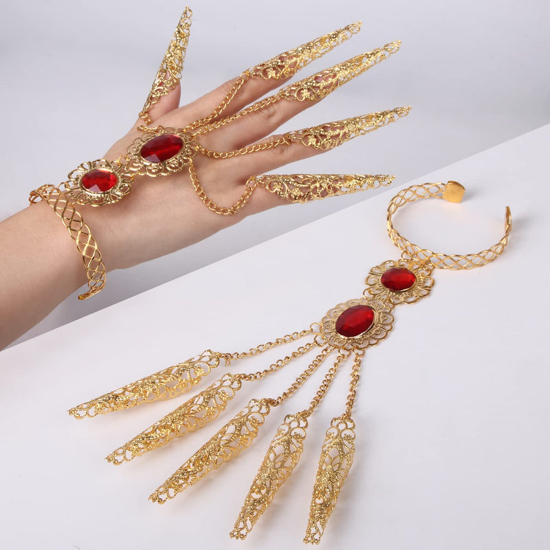 [Australia - AusPower] - CROWN GUIDE Women's Belly Dancer Costumes Gypsy Egyptian Queen Costume Accessories Bangles with Finger Claws Goth Nails Indian Hand Jewelry Set Gold 