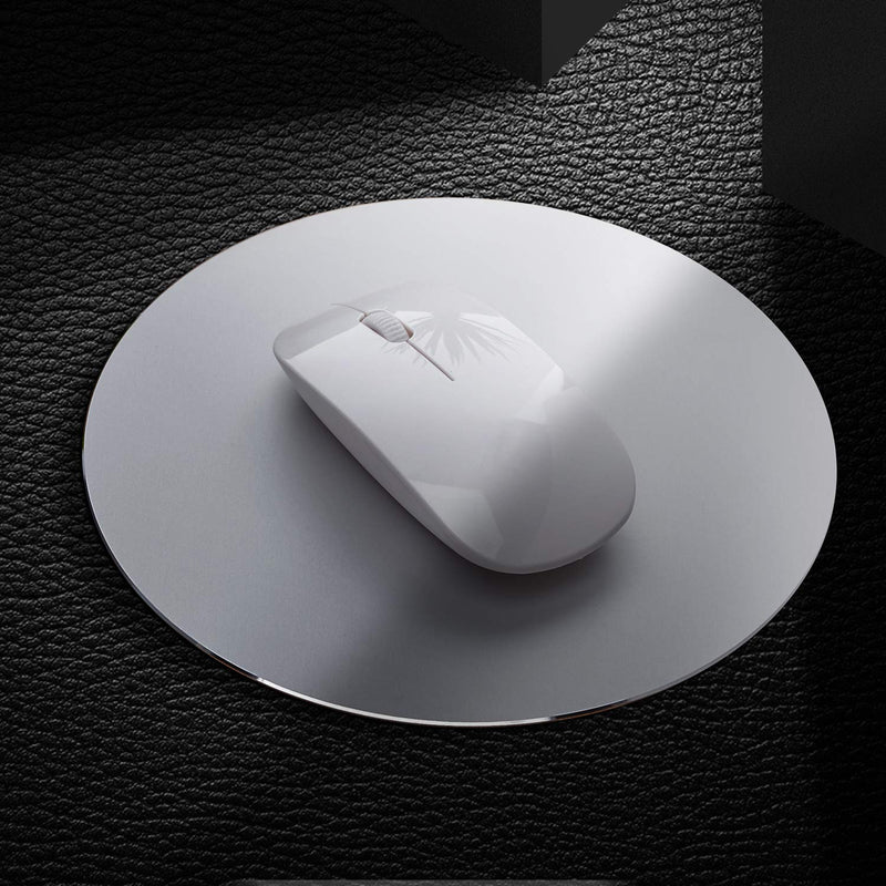 [Australia - AusPower] - DSKKWS Metal Aluminum Mouse Pad, Office Thin Hard Mouse Mat Leather Surface Double Side Precision Silver and Black Mouse Pads for Fast and Accurate Control(Round) Silver Round 