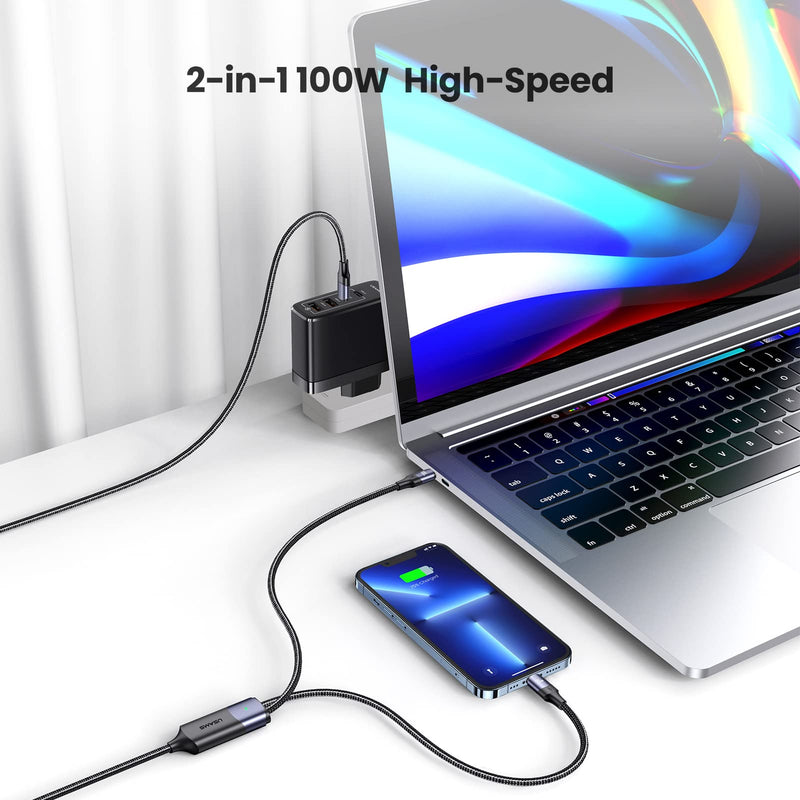 [Australia - AusPower] - PD 100W USB C to Multi Charging Cable, YOUSAMS Universal 2 in 1 Fast Charging Cord 5A 4FT Nylon Braided C to C/IP Connectors Sync Charger Adapter Compatible with Laptop/Tablet/Phone and More (4FT) 