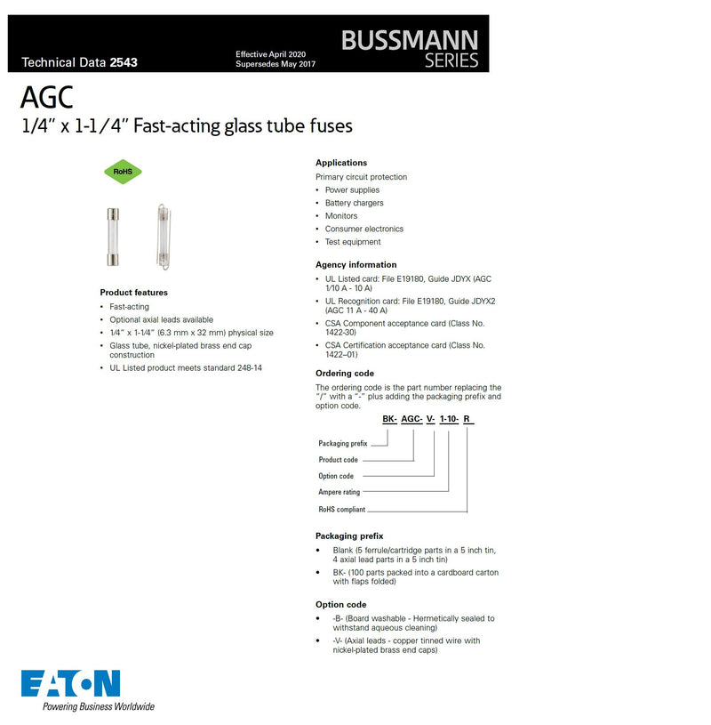 [Australia - AusPower] - Bussmann AGC-5 Fuse 5A 250V Buss AGC5 (Pack of 5) 