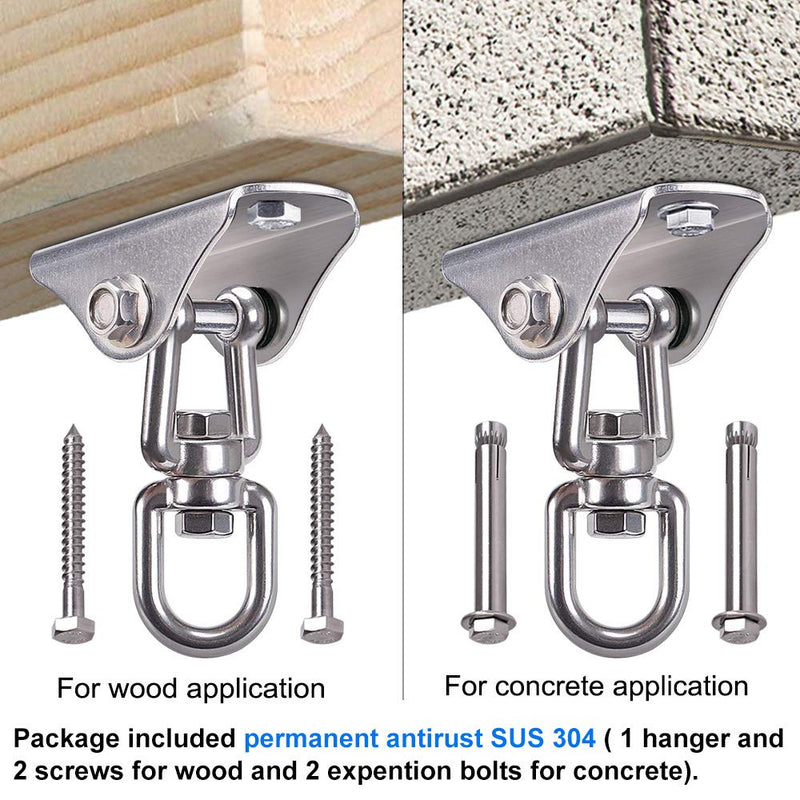 [Australia - AusPower] - BeneLabel Permanent Antirust Stainless Steel Heavy Duty Swing Hanger, 1000 LB Capacity, 2 Screws for Wooden and 2 Expansion Bolts for Concrete, Yoga Hammock Chair Sandbag Swing Sets, 360° Swing 