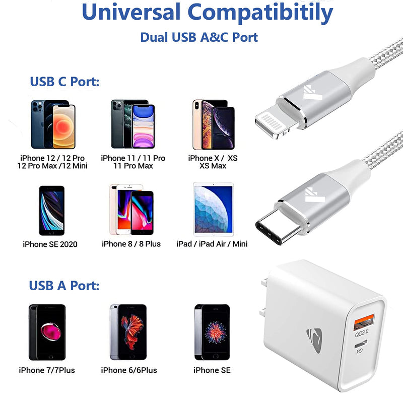 [Australia - AusPower] - iPhone Fast Charger, Aioneus 20W Dual-Port Wall Charger Block with 2Pack 6FT MFi Certified Lightning Cable, PD&QC 3.0 Fast Power Adapter Charging Plug for iPhone 12 11 Pro XR XS X SE 8 7 6 5 and iPad 