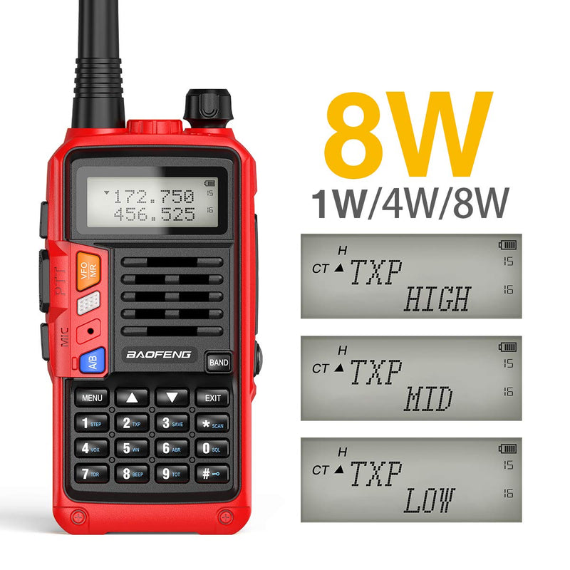 [Australia - AusPower] - BaoFeng UV-S9 Plus 8W High Power Tri-Power Ham Two Way Radio with 2200mAh Larger Battery USB Charger Cable Rechargeable Walkie Talkie Red 