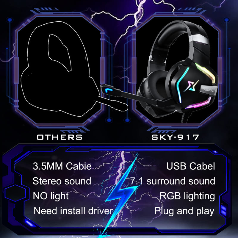 [Australia - AusPower] - targeal Gaming Headset with Microphone for PC PS5 PS4 Switch Laptop Mac, USB Wired 7.1 Surround Sound Gaming Headphones with Omni-Directional Noise Canceling Mic, RGB LED, Without Type C Cable SKY-917 