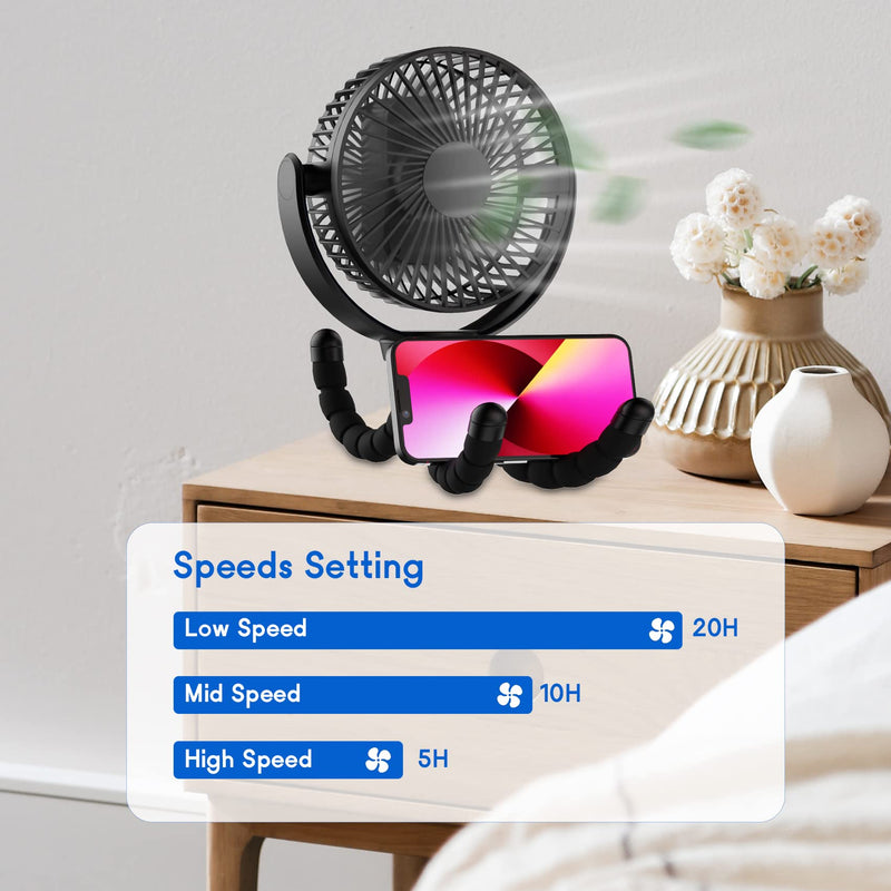 [Australia - AusPower] - Mini Baby Stroller Fan , 5-Inch Handheld Portable Fan, 3 Speed USB Clip Fan, 5000mAh Rechargeable Desk Fan, with Flexible Tripod, Suitable for Outdoor, Camping ,Treadmill and car TF-28BW-5'' 