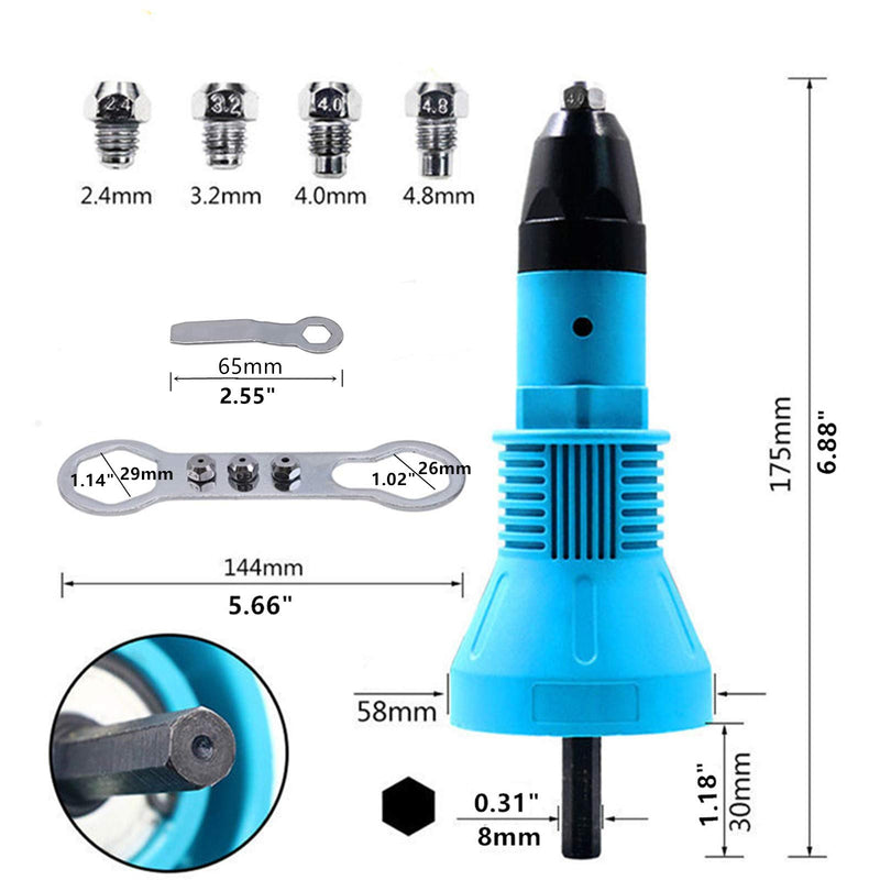 [Australia - AusPower] - Cordless Rivet Gun, YWKOW Electric Drill Tool Kit Riveter Adapter Insert Nut Hand Power Tool Accessories (Blue) Blue,8mm 