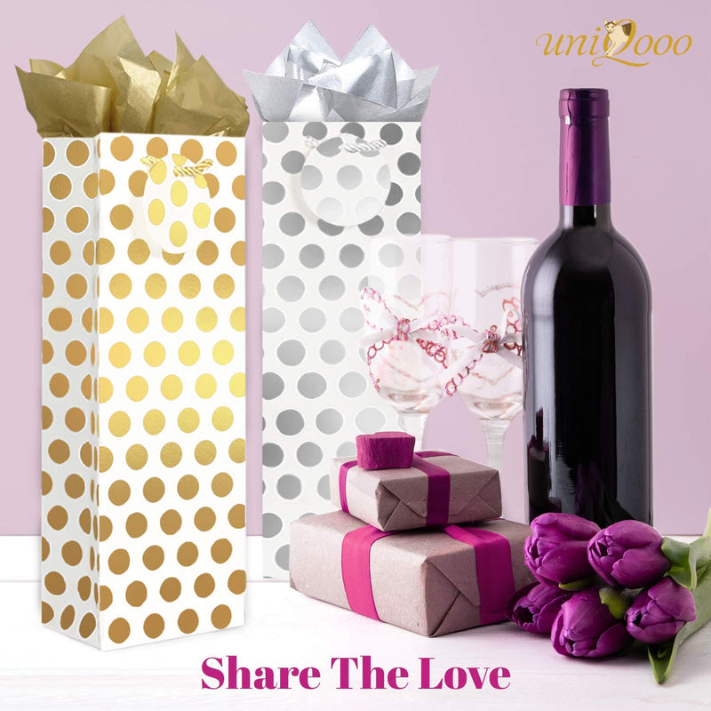 [Australia - AusPower] - UNIQOOO 12Pcs Metallic Gold Silver Polka Dots Wine Gift Bag w/Tag and 60 Sheets Metallic Gold & Silver Gift Tissue Paper Bundle 