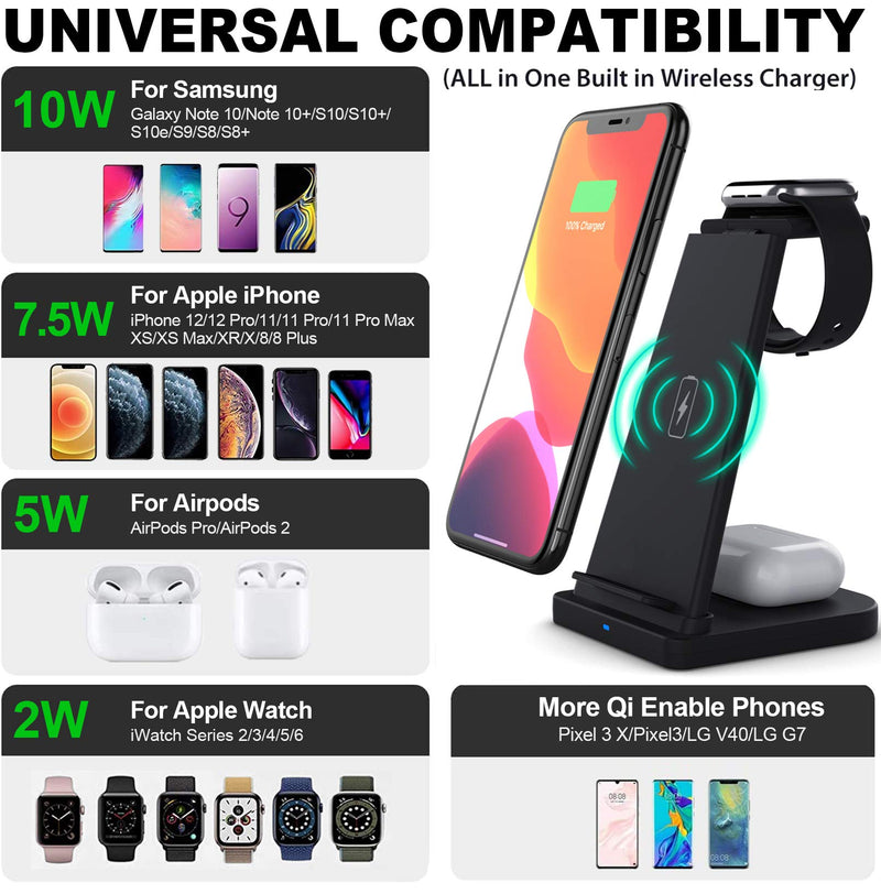 [Australia - AusPower] - 3 in 1 Wireless Charging Station, Qi-Certified 15W Fast Wireless Charger Stand for Apple Watch 5 4 3 2, AirPods Pro 2, iPhone 12 11 Pro Max Xs X Xr 8 Plus (with QC 3.0 Adapter) 