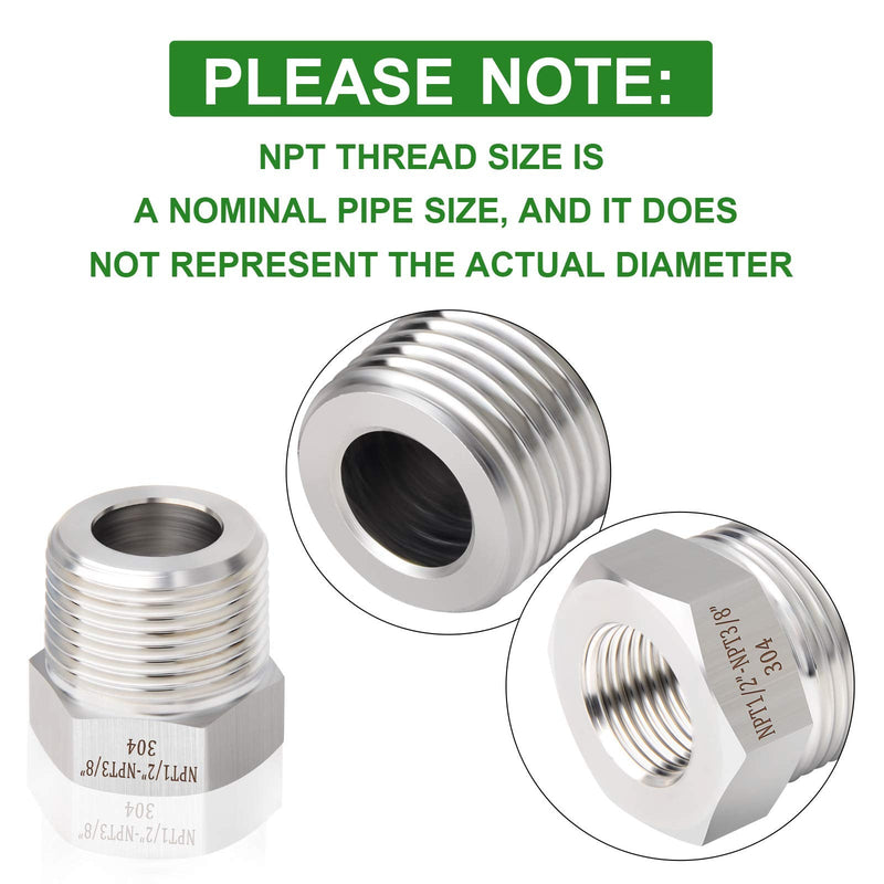 [Australia - AusPower] - TAISHER 2PCS Forging of 304 Stainless Steel Reducer Hex Bushing, 1/2" Male NPT to 3/8" Female NPT, Reducing Forging Pipe Adapter Fitting 1/2” MNPT x 3/8“ FNPT 2 