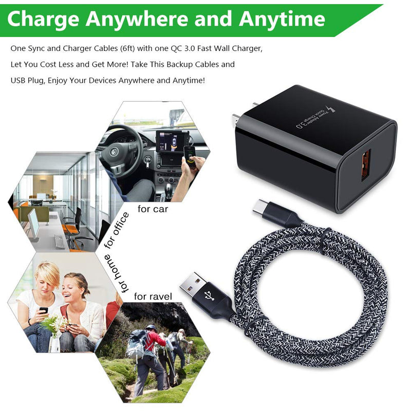 [Australia - AusPower] - Quick Charge 3.0 Fast Charging USB Wall Charger Plug with 6ft Type C Cable for Samsung Galaxy S22 Plus S21 Ultra/S21+ S20 FE Note 20 Ultra A13 A21 A51 A11 A12 A20 A10E A50 A71 A32 A42 A52 S10 S9 S8 Black 