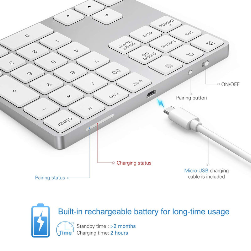 [Australia - AusPower] - Bluetooth Number Pad, Lekvey Aluminum Rechargeable Wireless Numeric Keypad Slim 34-Keys External Numpad Keyboard Data Entry for Laptop, MacBook, MacBook Air/Pro, iMac, Windows, Surface Pro - Silver White and Silver 