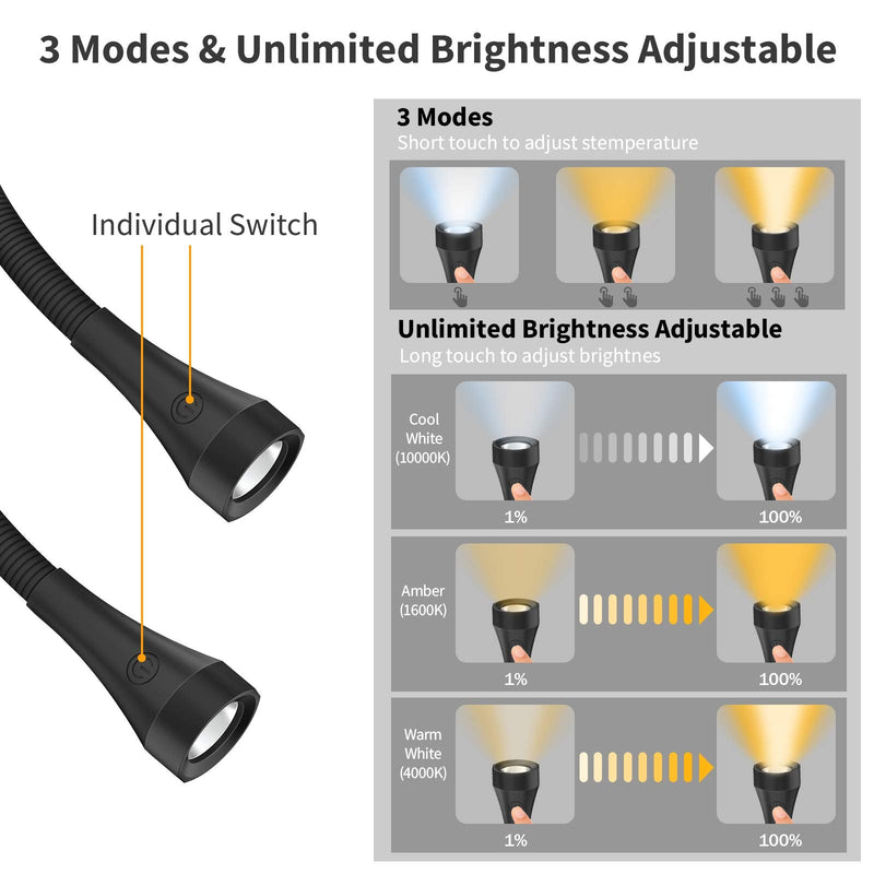 [Australia - AusPower] - OUTXE Rechargeable Neck Reading Light, 2000mAh Book Light for Reading in Bed, Neck Lights Hands Free ,3 Colors,Adjustable Brightness,Up to 60 Hrs for Reading, Knitting, Camping, Repairing Black #1-black 
