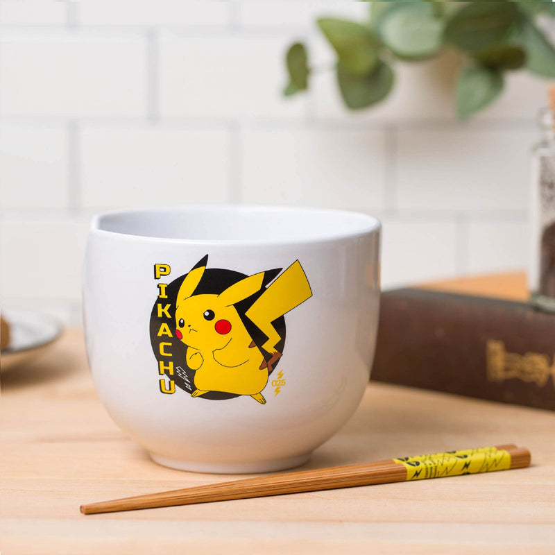 [Australia - AusPower] - Silver Buffalo Pokemon Pikachu Japanese Text Ceramic Ramen Noodle Bowl with Chopsticks, 20oz 