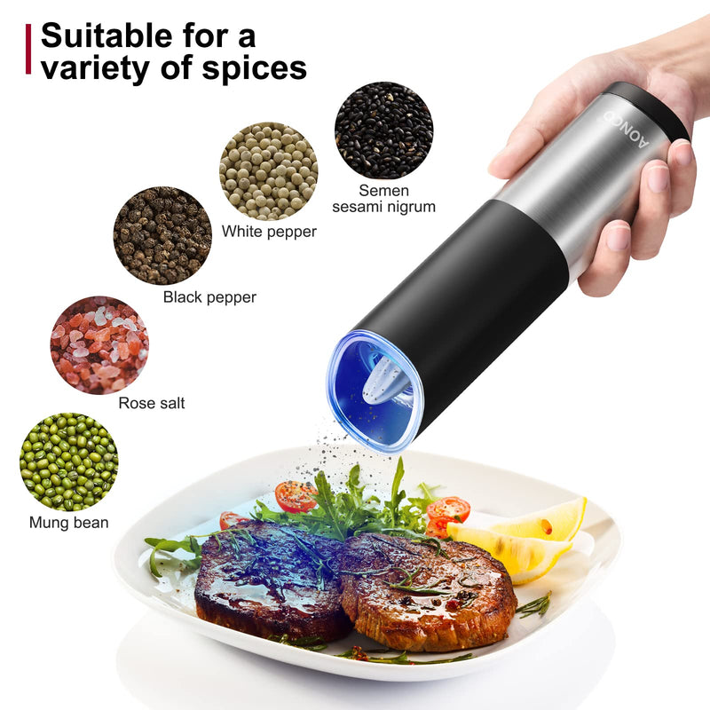[Australia - AusPower] - Gravity Electric Pepper and Salt Grinder Set, Adjustable Coarseness, 4 AAA Battery Powered with LED Light, One Hand Automatic Operation, Stainless Steel Black, 2 Pack 