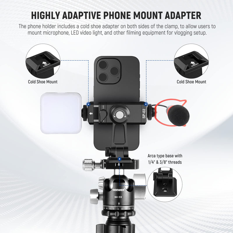 [Australia - AusPower] - NEEWER Phone Tripod Mount Adapter, Aluminum Phone Holder Clamp with Cold Shoe, 1/4" 3/8" Thread, Arca Type Base, 360° Pan 180° Tilt, Compatible with iPhone 14 13 Pro Max Mini X Xs Galaxy S23, SP-02 