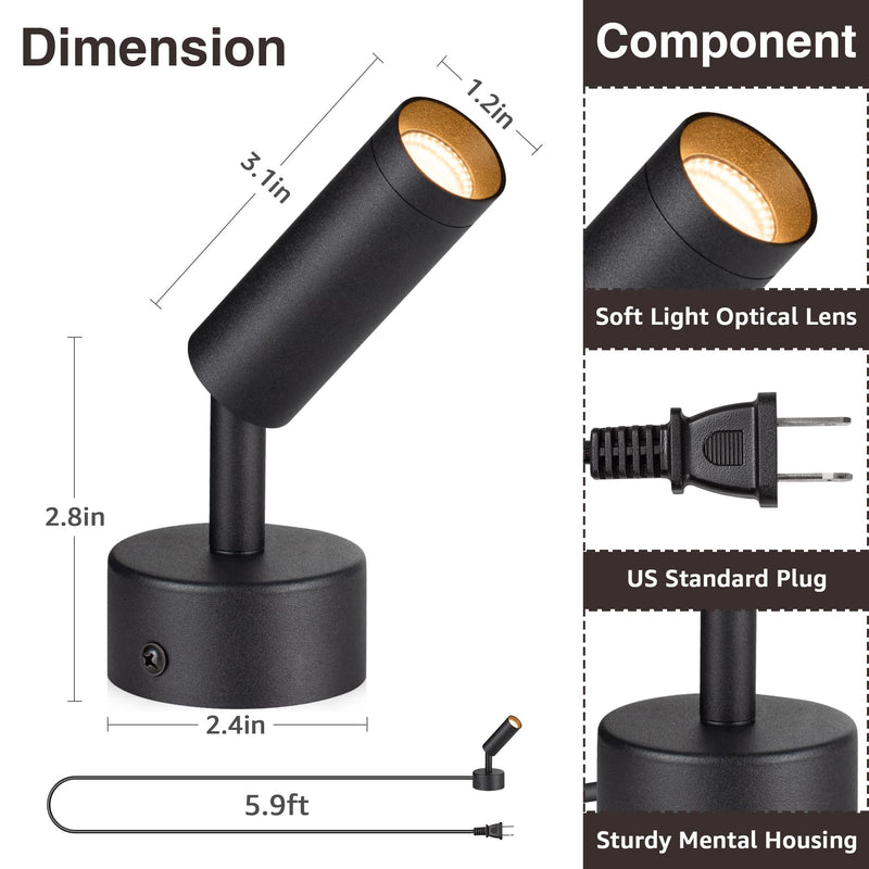 [Australia - AusPower] - URTOM LED Spot Lights Indoor 3W Up Lights Indoor with Timer and Remote 3000K/4000K/5000K Uplighting Indoor Spotlight 120V Dimmable Uplights Indoor Floor Light for Plant and Artwork, 2 Pack 