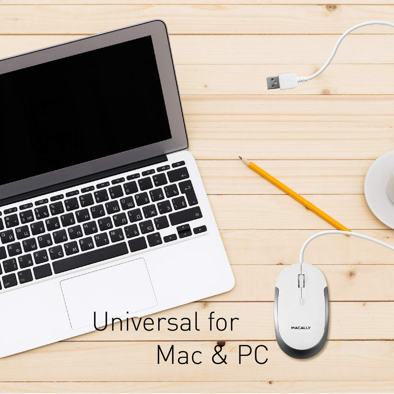 [Australia - AusPower] - Macally Silent Wired Mouse - Slim & Compact USB Mouse for Laptop/Desktop Windows PC or Apple Mac - Designed with Optical Sensor & DPI Switch - Simple & Comfortable Wired Computer Mouse (White) White with Silver Trim 