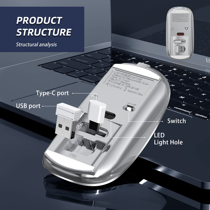 [Australia - AusPower] - Halpilt Wireless Mouse Chargeable Portable Silent Wireless Mouse USB and Type-C Dual Mode Wireless Mouse 3 Adjustable DPI for Laptop, Mac, MacBook, Android, PC (Q23S Grey) 