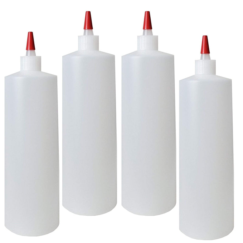 [Australia - AusPower] - kelkaa 32oz 28/410 HDPE Plastic Cylinder Squeeze Bottles with Dispensing Yorker Long Red Sealer Tip Caps, for Food, Crafts, DIY Liquid Products, Multi-Use Refillable Bottles (Pack of 4) 