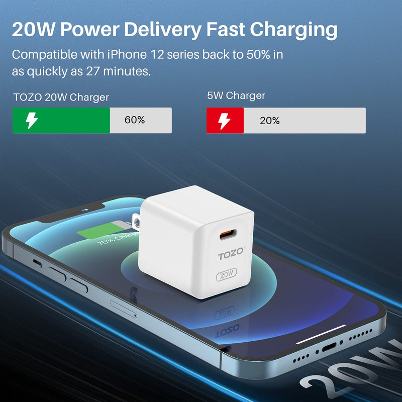 [Australia - AusPower] - TOZO C1 USB C Charger 20W PD Power Adapter Fast Wall Charger Type C Charger Compatible with iPhone 13/13Pro/13Pro Max/12/12 Pro/12 Pro Max/11,iPad Pro,Samsung Galaxy White(Cable not Included) 