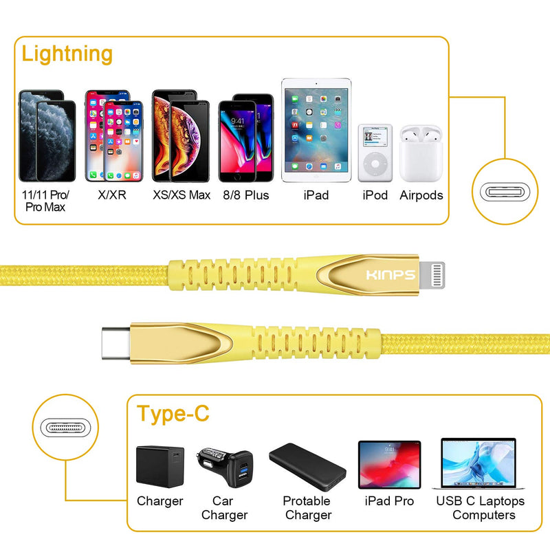 [Australia - AusPower] - KINPS MFI Certified (3ft/1m) USB C to Lightning Fast Charging Cable Compatible with iPhone 12/11/11Pro/11 Pro Max/X/XR/XS MAX, Supports Power Delivery(for Use with Type C Chargers), Yellow 3.3ft/1m 
