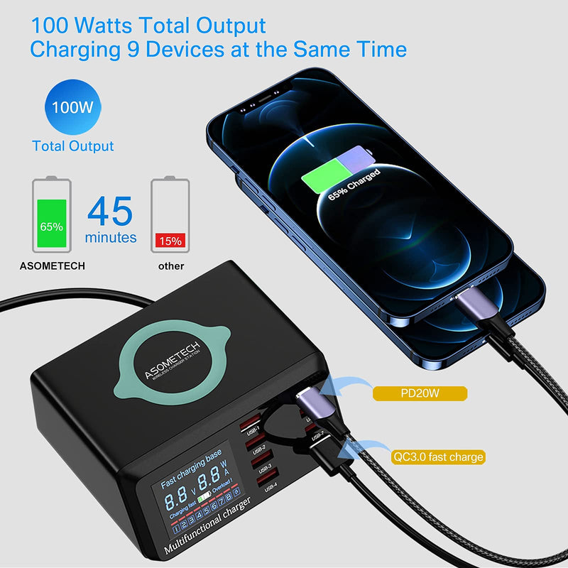 [Australia - AusPower] - USB Charger Hub ASOMETECH 100W 8-Port Desktop Multiple USB Charging Station With Type C Port, Quick Charge 3.0 USB Port, Wireless Charger, LCD Display Fast USB C Charger for iPhone 12, Tablet and More 