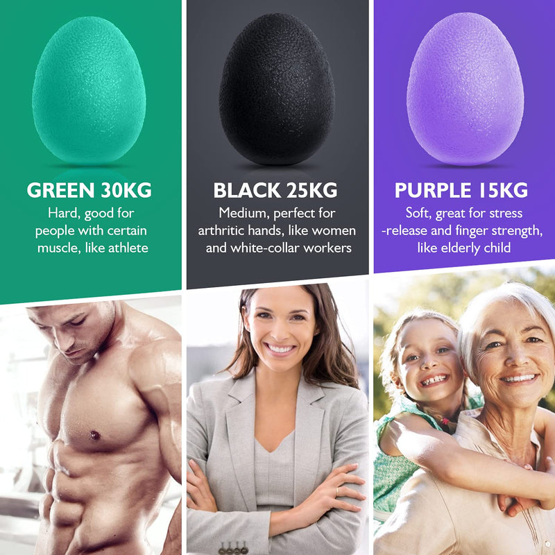 [Australia - AusPower] - Peradix Hand Grip Strength Trainer, Stress Relief Ball for Adults and Kids, Wrist Rehab Therapy Hand Grip Equipment Ball Squishy - Set of 3 Finger Resistance Exercise Squeezer Purple Green Black 