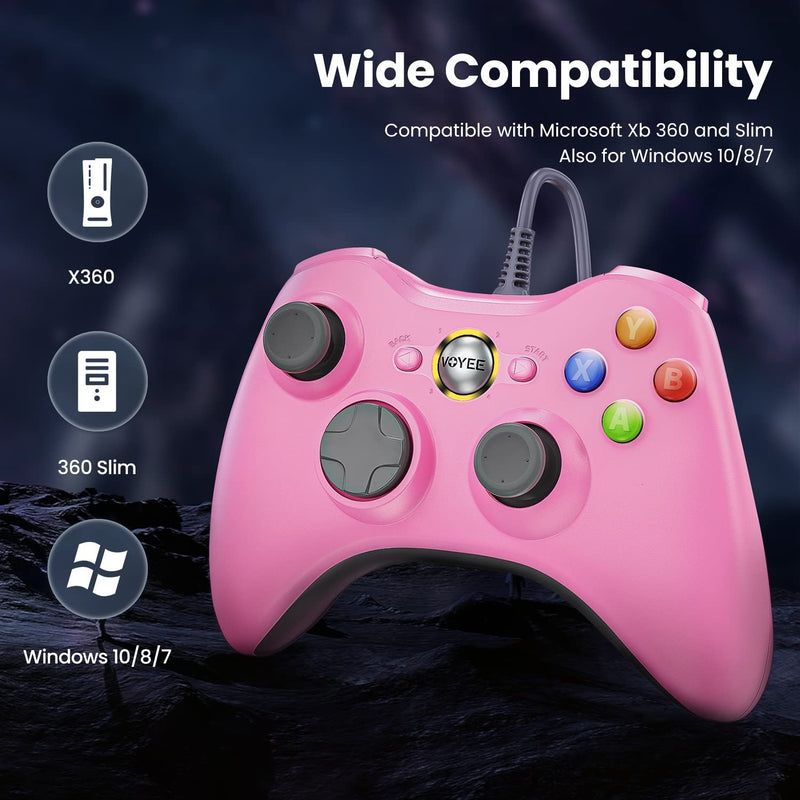 [Australia - AusPower] - VOYEE PC Controller, Wired Controller Compatible with Microsoft Xbox 360 & Slim/PC Windows 10/8/7, with Upgraded Joystick, Double Shock | Enhanced (White) Pink 