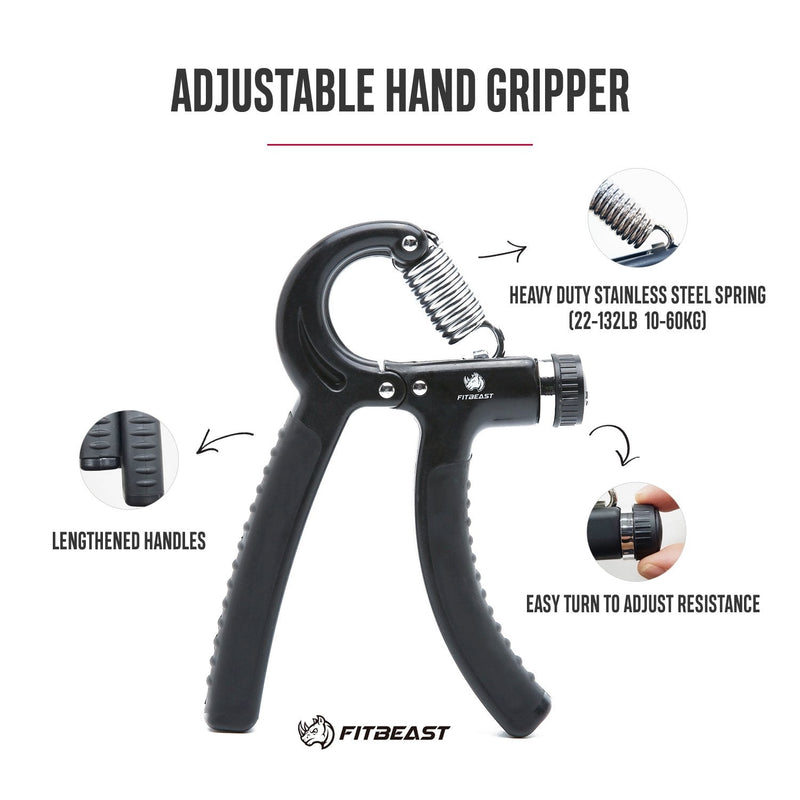 [Australia - AusPower] - FitBeast Hand Grip Strengthener Workout Kit (5 Pack) Forearm Grip Adjustable Resistance Hand Gripper, Finger Exerciser, Finger Stretcher, Grip Ring & Stress Relief Grip Ball for Athletes Black 