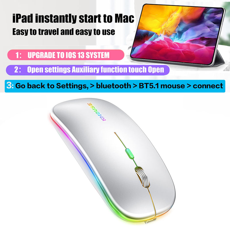 [Australia - AusPower] - Wireless Bluetooth Mouse for Mac MacBook Pro MacBook Air iPad iMac iPad Pro iPad Air Laptop Chromebook Samsung EDLL HP Desktop Computer Win7/8/10 (LED Silver Bluetooth +2.4G) 